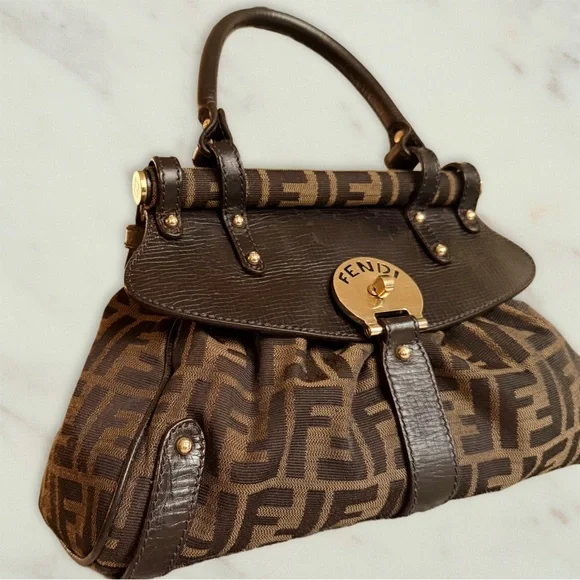 Authentic Vintage Fendi Magic Bag Canvas Dark Brown Leather Trim Y2K 2000s Clean - Picture 1 of 10